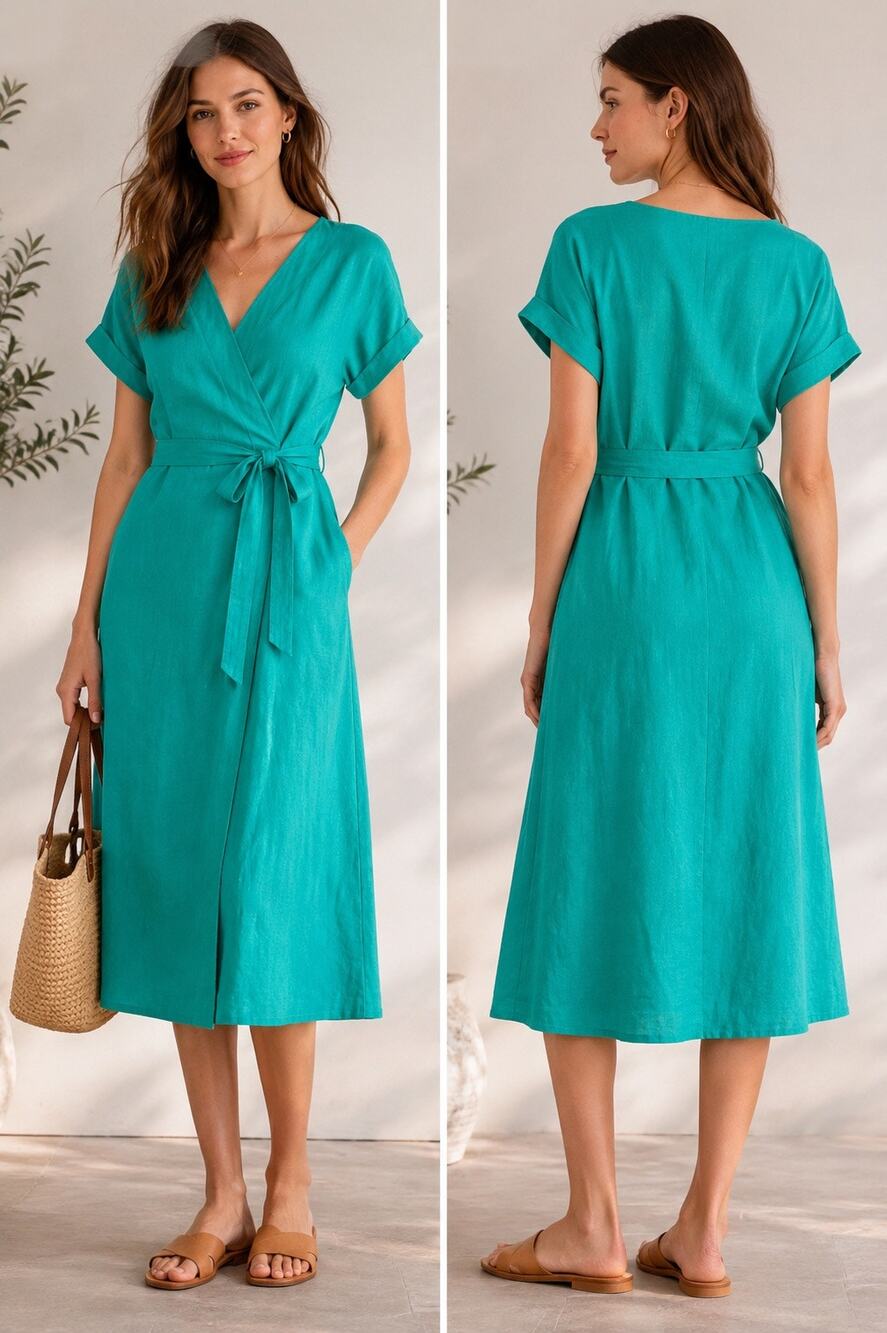 Gap Womens Size 6 Turquoise Linen Cotton Wrap Midi Dress Short Sleeve New - Picture 1 of 10